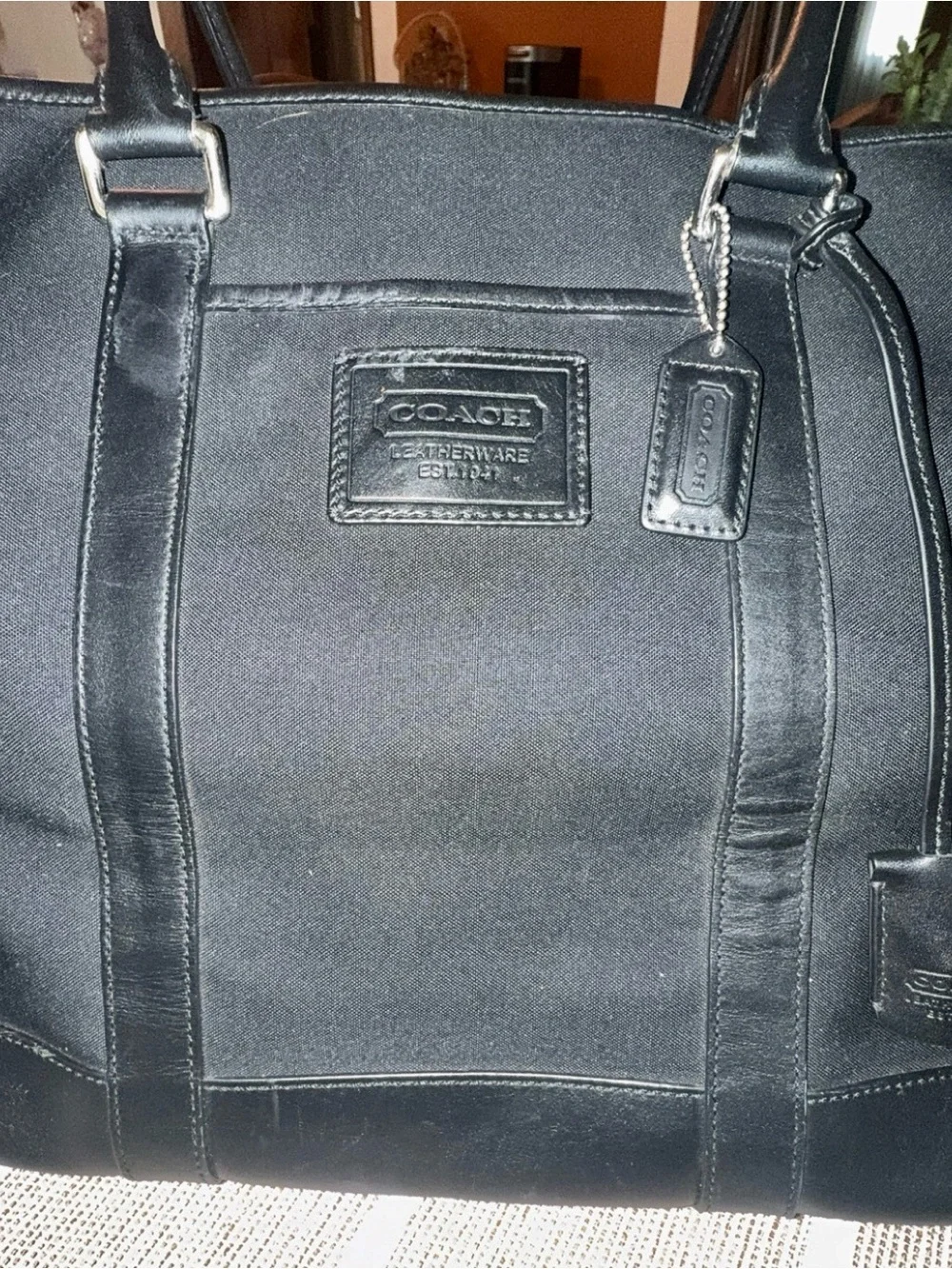 Coach Black Canvas Shoulder Tote with Leather Trim